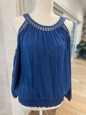 INC International Concepts Royal Blue Cold-Shoulder Crochet-Trim Blouse SM